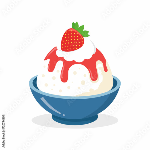 A delightful bowl of Korean bingsu, a shaved ice dessert topped with cream, strawberry syrup, and a fresh strawberry. A perfect summer treat.