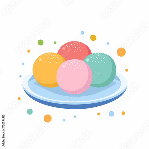 
A bowl of colorful mochi balls in pastel shades. This illustration represents a Japanese dessert in a clean, modern, flat design. A delicious and sweet treat.