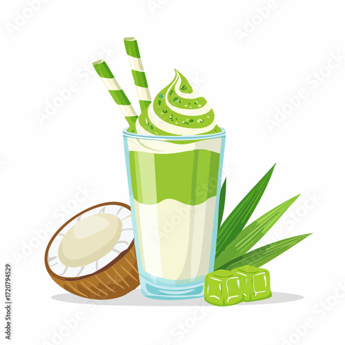 A fresh cendol drink in a glass with a coconut and tropical leaves. This illustration represents a delicious, traditional Indonesian dessert and beverage.