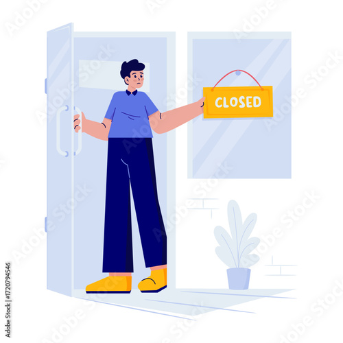 Man Hanging a Closed Sign on a Storefront Window Vector Illustration