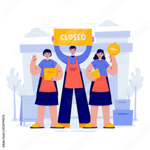 Business Team Announcement with Closed Sign Vector Illustration