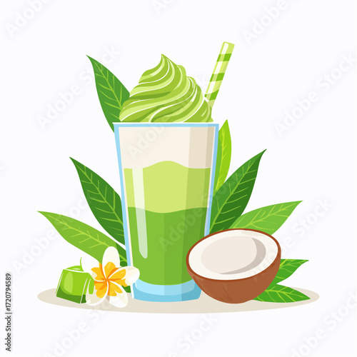 A fresh cendol drink in a glass with a coconut and tropical leaves. This illustration represents a delicious, traditional Indonesian dessert and beverage.