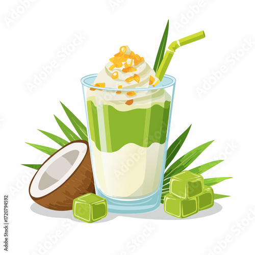 A fresh cendol drink in a glass with a coconut and tropical leaves. This illustration represents a delicious, traditional Indonesian dessert and beverage.