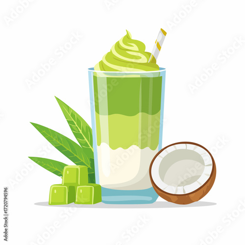 A fresh cendol drink in a glass with a coconut and tropical leaves. This illustration represents a delicious, traditional Indonesian dessert and beverage.