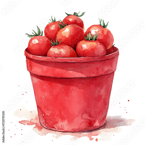 Tomato Bucket, watercolor clipart vector, isolated on a white background.
