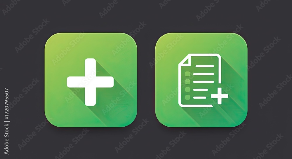 Obraz premium Two green square buttons with plus and document icons.