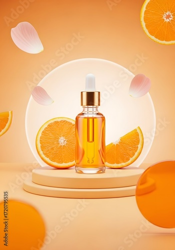 Orange vitamin c serum bottle with fresh orange slices and petals 4k video