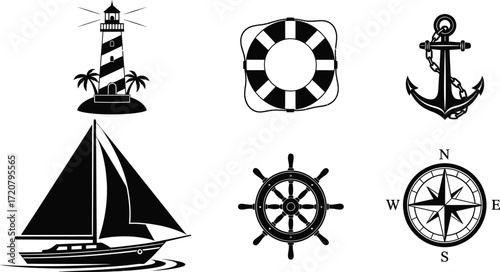 Nautical elements vector set with lighthouse boat anchor and compass