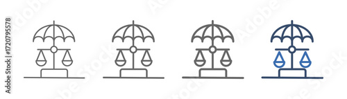 
outline icon set insurance law with two scales and umbrella design