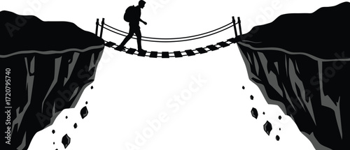 Silhouette man crossing bridge adventure risk challenge concept