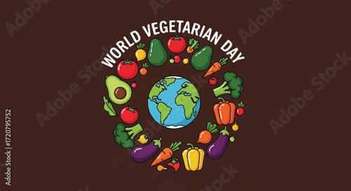 Illustration of colorful vegetables and fruits encircling the Earth on a brown background, celebrating World Vegetarian Day and World Food Day with vibrant produce.