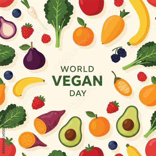 Vibrant flat lay of various fruits and vegetables with World Vegan Day text in a colorful, celebratory composition on a cream background.