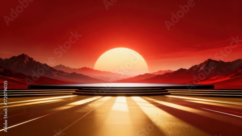 Creative red gold corporate annual meeting award ceremony stage background with sunrise mountain scenery lighting effects and technology gradient design for business celebration conference exhibition.