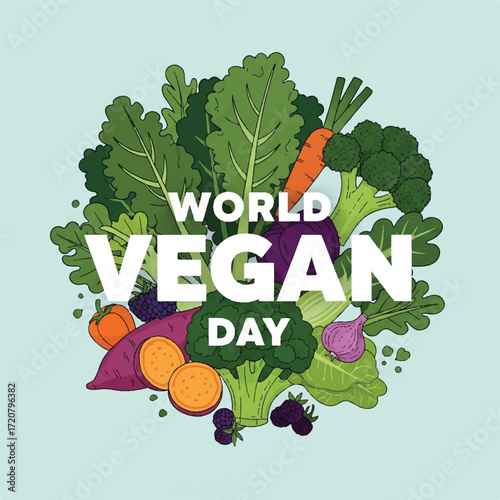 Flat lay illustration of various colorful vegetables with the text 'World Vegan Day' in bold white letters on a light blue background, celebrating plant-based eating.