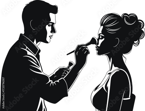 Makeup artist applying cosmetics to woman face black and white art