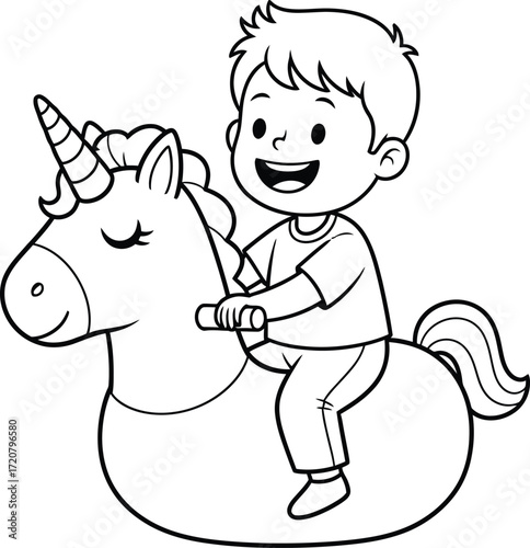 Coloring page of a boy riding a unicorn inflatable toy outline