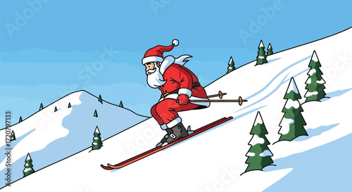 Santa skiing down mountain christmas holiday season winter sport