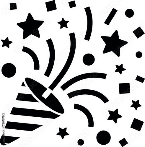 Celebration party popper exploding festive confetti stars squares circles black graphic vector