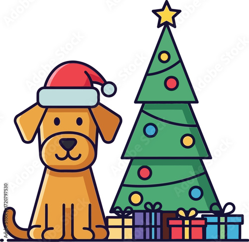 Christmas dog with santa hat and tree vector illustration art