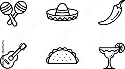 Set of six mexican icons featuring guitar maracas sombrero taco chili pepper cocktail vector