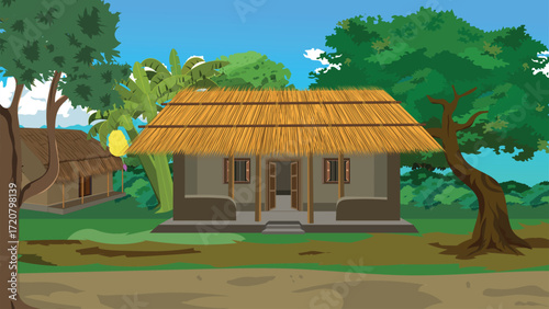 Charming rural village house with thatched roof nestled in lush tropical greenery under a sunny sky, ideal for travel, tourism, or cultural projects