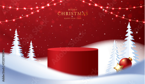 Podium shape for show cosmetic product display for christmas day or new years. Stand product showcase on red background with lighting christmas. vector design.
