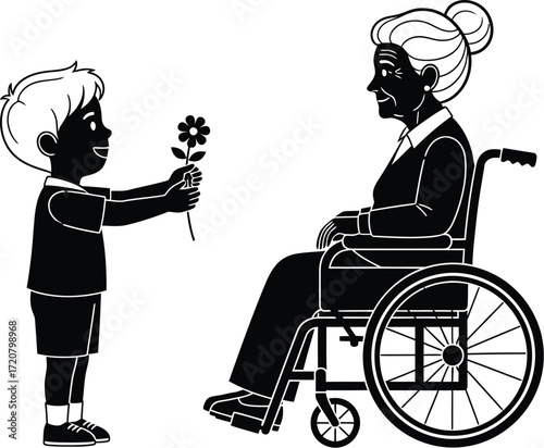 Young child joyfully offers a flower to an elderly woman in a wheelchair, symbolizing connection and care.