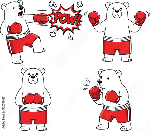 Playful polar bear boxers in action, showing different fighting stances and expressions