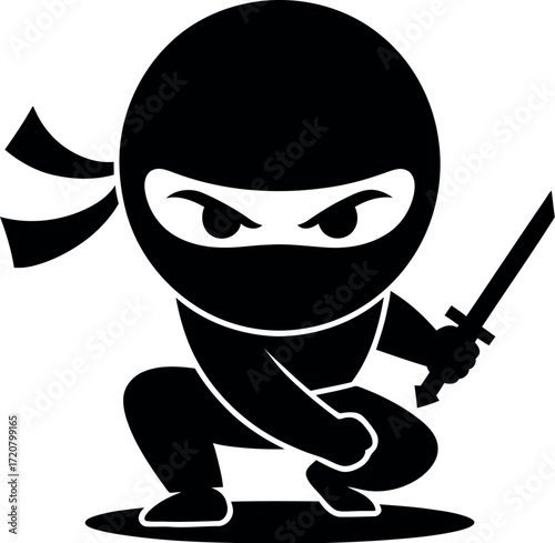 Cute black ninja character in action holding a sword with a determined expression vector