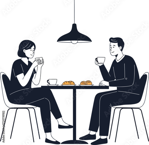 Couple enjoying coffee and pastries at a cafe table, sharing a relaxed moment
