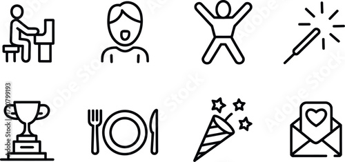 Set of eight minimalist line art icons representing celebration success and joyful moments vector
