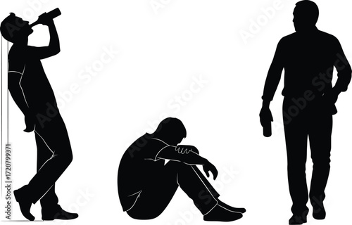 Silhouettes of men displaying struggle, isolation, and dependence.