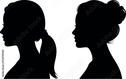 Silhouettes of two women's profiles showing different hairstyles elegant and classic design elements vector