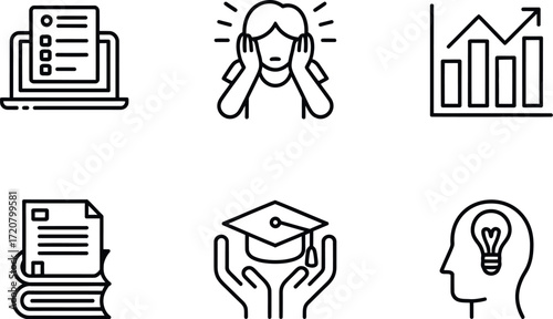 Set of six hand-drawn icons representing education business and stress concepts vector