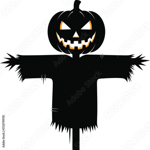 Spooky silhouette scarecrow with a carved jack-o'-lantern for a head, perfect for Halloween decorations.