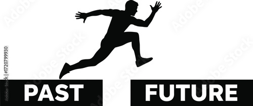 Silhouette of a person leaping over a gap between "PAST" and "FUTURE"