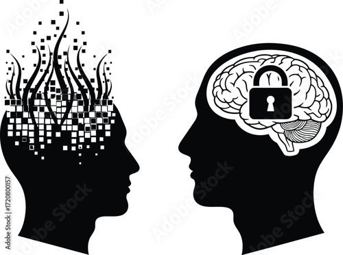 Abstract representation of a locked mind versus an idea or memory fading away.