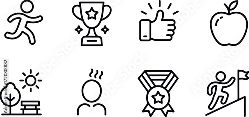 Set of eight minimalist line art icons representing health achievement success and motivation symbols vector