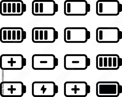 Minimalist black and white battery icons set representing power levels and charging status vector