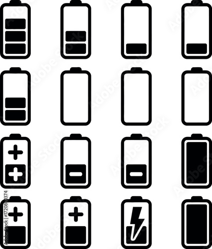 Set of 16 minimalist battery icons showing various power levels and charge status vector