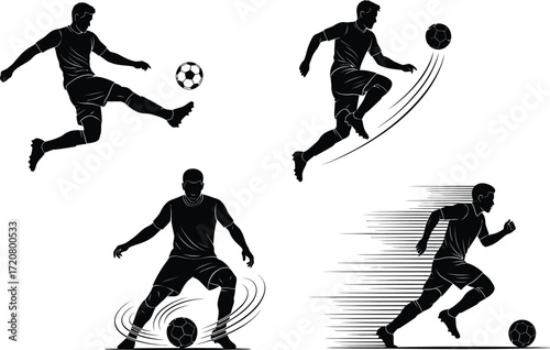 Dynamic silhouettes of male soccer players in action, showcasing kicks, dribbling, and running with the ball.