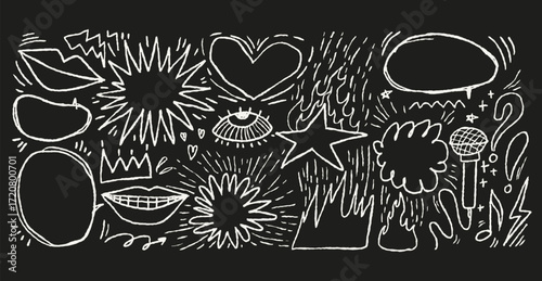 Punk music pop doodles. Crayon sketchy scribbles. Funky graffiti stickers. Stars, lips, eyes, hearts, flames, speech bubbles,  symbols with rough textures.