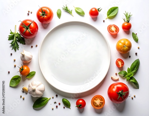 Fresh Ingredients Arranged Around a White Plate for Culinary Preparation