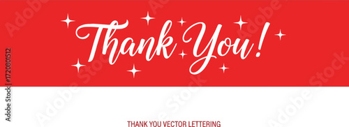 Elegant white script lettering saying "Thank You!" on a vibrant red banner with sparkling accents.