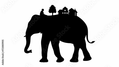 Stunning silhouette of elephant carrying a village, whimsical fantasy illustration