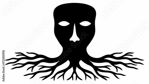 Intriguing face rooted like a tree roots silhouette, conceptual growth and ancestry symbol design, abstract art