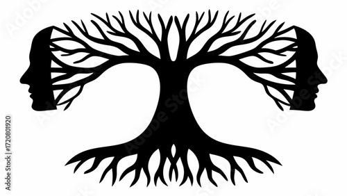 Powerful silhouette of a tree transforming into human profiles, symbol of growth and connection