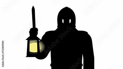 Mysterious figure silhouette holding lantern casting light in the darkness of night