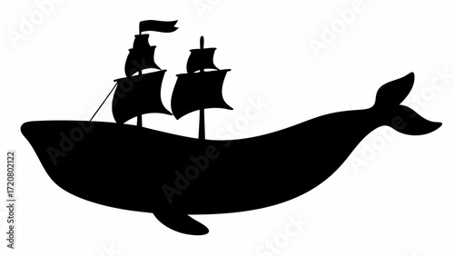 Whimsical whale silhouette with a ship atop, a creative vector illustration for nautical themes