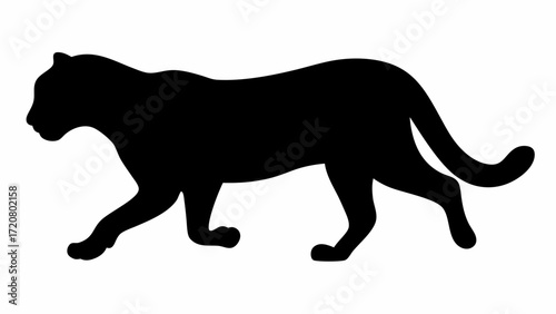 Elegant black panther silhouette walking, powerful and sleek jungle cat profile design element for logos